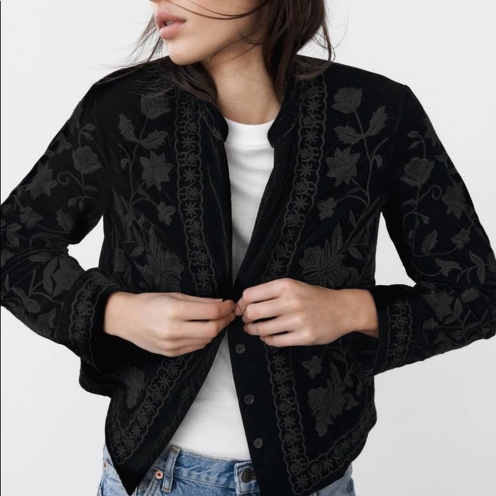 ZARA EMBROIDERED VELVET BLOUSE BLACK